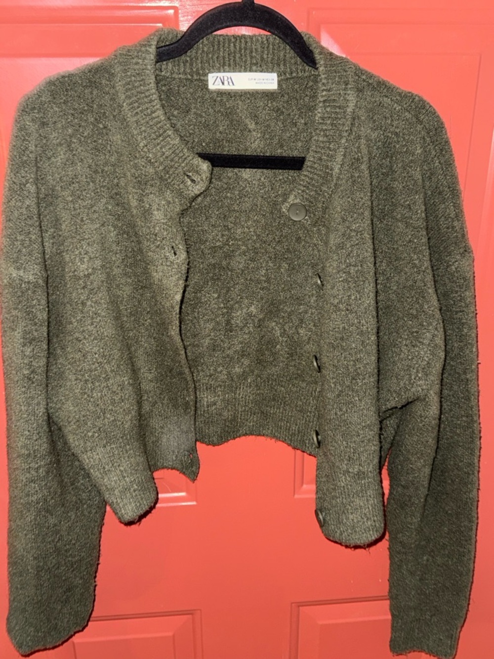Zara Medium Olive Green Cropped Button-Front Sweater